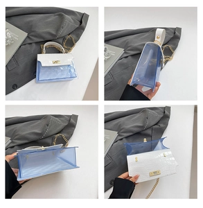 Detailed views of a blue transparent bag with white crocodile pattern leather flap