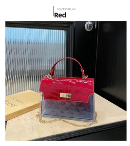 Detail of red crocodile texture flap and translucent blue lattice body with gold chain