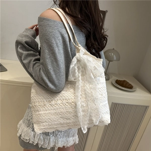 French retro white lace tote bag with bow detail, perfect for summer beach holidays