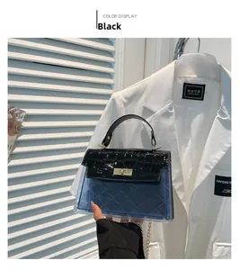 Detail of blue transparent PVC handbag with black crocodile pattern flap and chain strap