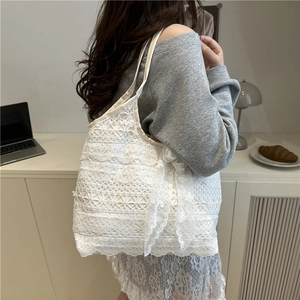 Chic white lace tote bag with bow detail, spacious shoulder bag for summer commute