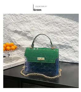 Detail of green croc-embossed flap and blue translucent PVC body on cross-body bag