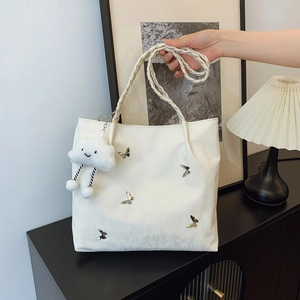 Women Large Capacity PU Leather Tote Bag Fashion Pleated Shoulder Bag With Butterfly Decor And Cloud Pendant Casual Commuter Handbag