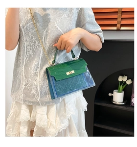 Detailed view of blue transparent PVC crossbody bag with green crocodile texture and gold lock