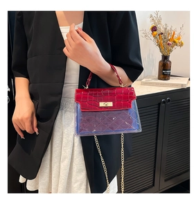 Detail of red croc-embossed leather and blue PVC mini bag with chain strap