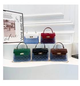 Detail showing crocodile texture leather and translucent quilted patterns on mini handbags