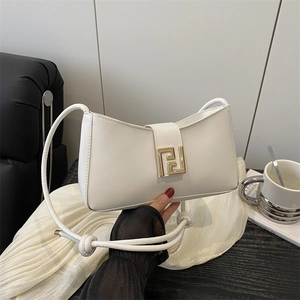 White smooth leather underarm bag with gold logo buckle and thin shoulder strap
