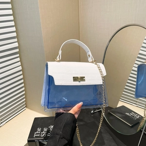 Fashion Transparent Jelly Shoulder Bag For Women Crocodile Pattern PU PVC Contrast Color Rhombic Chain Crossbody Bag