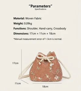 Detail view of woven bucket bag featuring floral embroidery and drawstring closure specs
