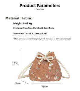 Detail view of woven bucket bag featuring floral embroidery and drawstring closure specs