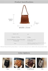 Détails d'un sac seau bohème brodé avec glands et dimensions du produit