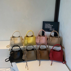 Minimalist leather bucket bags in multiple colors with dog charms and straps