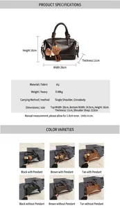 Detailed size specifications and material chart for the vintage Boston handbag in PU leather