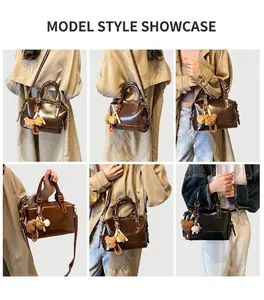 Multiple views of a vintage Boston handbag featuring bag charms and adjustable strap