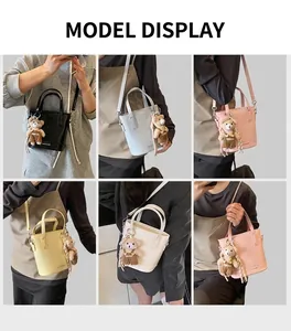 Collage of fashion crossbody bucket bags in multiple colors with cute bear pendants