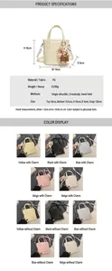 Detail specifications of PU bucket bag with bear pendant showing dimensions and five colors