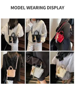 Detailed views of multi-color leather bucket bags featuring tassels and gold pendants
