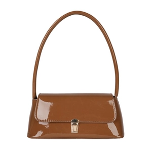 Minimalist brown patent leather underarm bag with elegant gold metal lock buckle