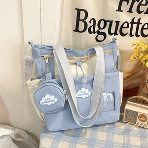 Nylon Crossbody Tote Bag Large Capacity Multi Pocket Preppy Style With Round Pouch And Transparent Card Slot For School