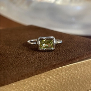 Adjustable Open Ring For Women Rectangular Green Zircon Copper Geometric Minimalist Fashion Versatile Jewelry Accessory
