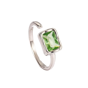 Adjustable S925 sterling silver ring featuring a rectangular emerald-cut green zircon