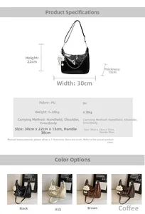 Detailed technical specification chart showing dimensions and colors of the soft PU tote bag