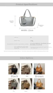 Detailed chart showing bucket bag dimensions and various color options with puppy charm