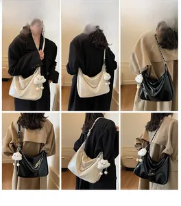 Fashionable crescent hobo tote bag with silver chain and cute white plush cloud charm
