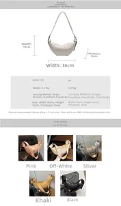 Detailed size specifications and color variants of the versatile PU leather croissant bag