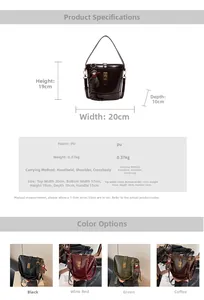 Tabella taglie dettagliata per borsa a secchiello in PU con altezza 19cm, larghezza 20cm e 10cm