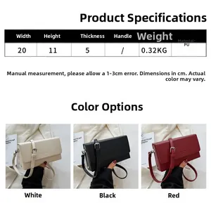 Detailed size chart and three-color comparison of minimalist PU leather small crossbody bags