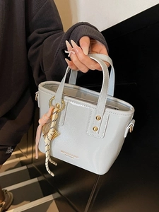 Fashion Women Patent Leather Small Bucket Bag Shiny PU Tote Handbag Crossbody Shoulder Bag With Pendant For Daily Commuting