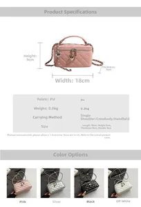 Detailed size chart for quilted box bag showing dimensions of 18x9x9cm and PU material