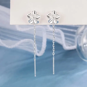 Elegant S925 silver gardenia flower drop earrings with long chain link design for women