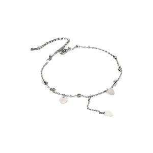 Elegant silver heart and bead anklet with adjustable lobster clasp on white background