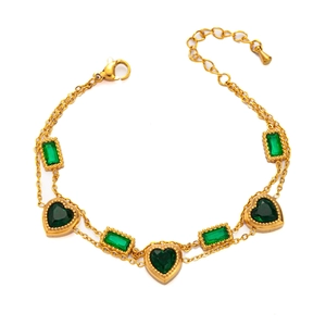 Zweilagiges goldenes Armband mit herzförmigen und smaragdgrünen Zirkonsteinen und Verlängerung