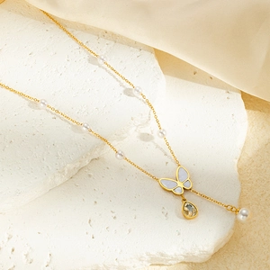 Titanium steel butterfly necklace with pearls and a crystal water drop pendant