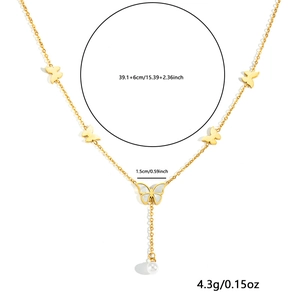 Detailed dimensions of titanium steel necklace with gold butterfly charms and pearl