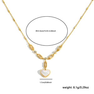 Gold stainless steel necklace featuring a heart pearl and square cubic zirconia pendant