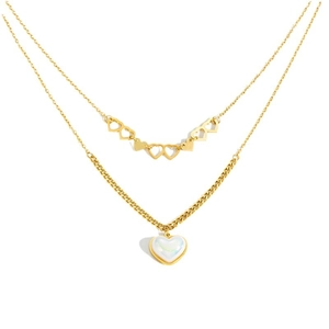 Double-layered gold titanium steel necklace with heart pendants and mother of pearl inlay