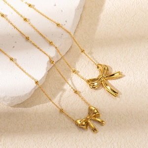 Bow Pendant Necklace Titanium Steel Gold Plated Bead Chain Minimalist Clavicle Neck Jewelry For Women