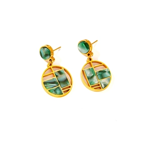 Vintage 18K gold plated stainless steel drop earrings with green marble resin inlay