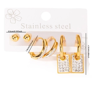 Ensemble de 3 paires de boucles d'oreilles en acier doré et zircons brillants