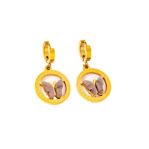 Close-up of 18K gold plated stainless steel hoop earrings with grey butterfly inlay