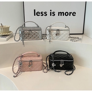 Mini quilted box bags with heart charms and chain straps in four assorted colors
