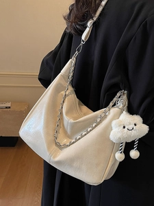 Minimalist cream white soft leather tote bag with silver chain and cute cloud charm