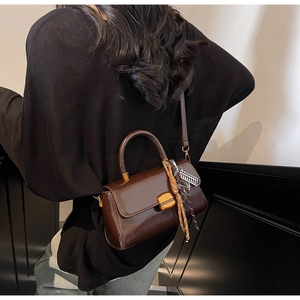Detail of vintage dark brown leather crossbody bag with gold metal clasp and woven charm