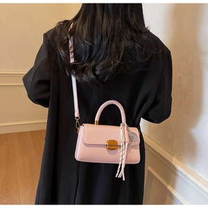 Detail of light pink patent leather handbag with striped tassel and gold buckle hardware