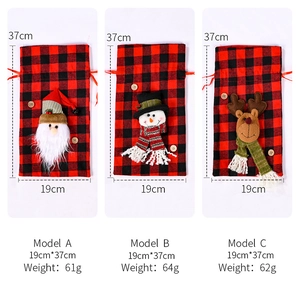 Detail of red and black plaid Christmas gift bags with 3D Santa, Snowman, and Elk dolls