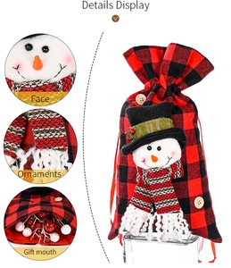 Detailed views of red buffalo plaid Christmas bag featuring a 3D snowman applique